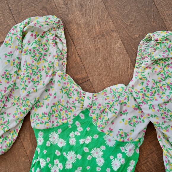 Rixo Target Midi Swing Dress Women's 8 Green Daisy Floral Smocked Puff Sleeve - Picture 5 of 6